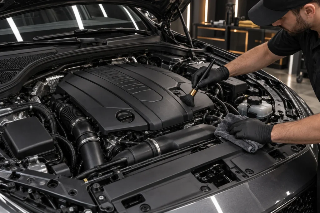 Açık motor bölümünün detay fırçası ve mikrofiber bez ile temizlenmesi